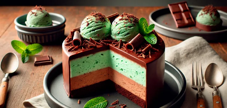 Tarta de helado de menta y chocolate a la que le falta una rebanada