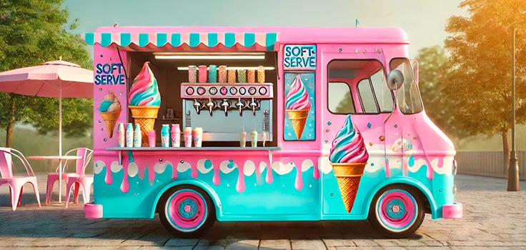 Food truck de yogurt helado rodeado de mesas y sillas para el público